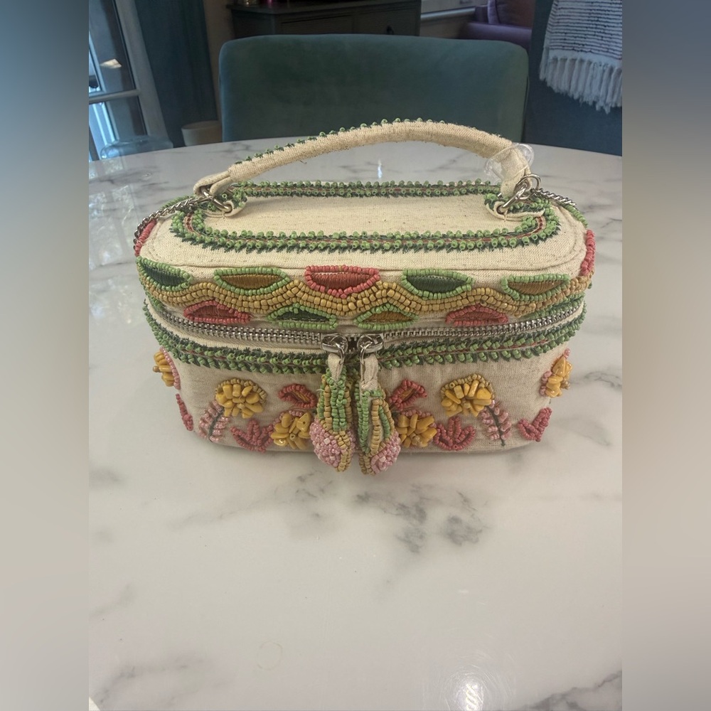 Viral Beaded Bag! Made in India Neutrals Pastels Floral Top Handle Box Bag NWT